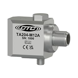 A stainless steel, standard size, side exit TA204-M12A condition monitoring sensor engraved with the CTC Line logo, part number, serial number, and CE and UKCA certification markings.